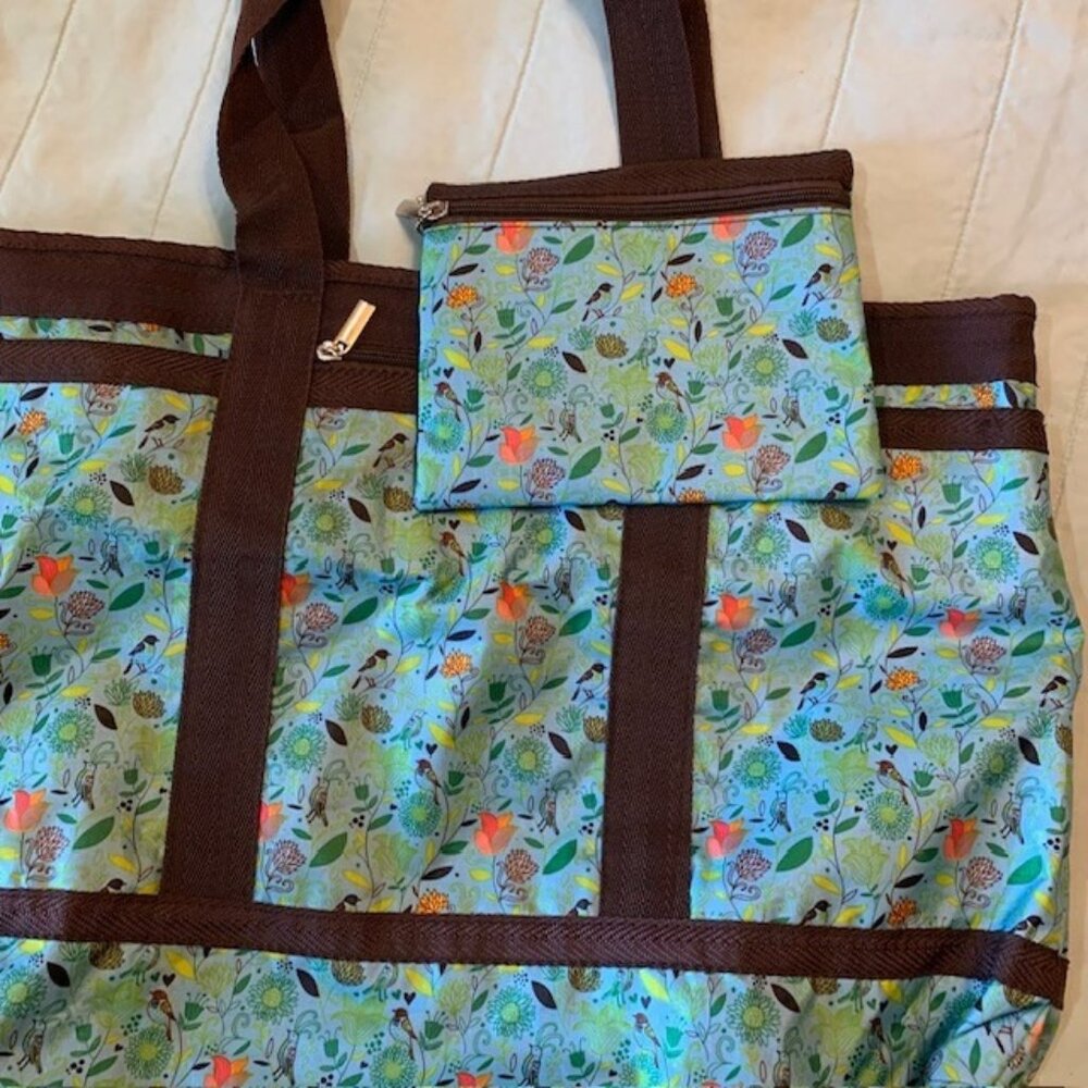 Braciano Blue Travel Tote with Birds and Flowers